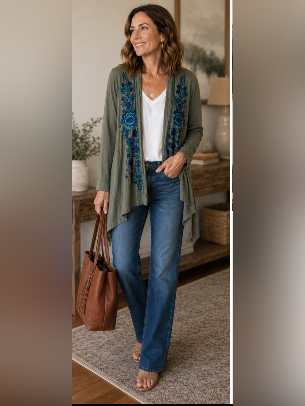 JWLA Blue Floral Embroidered Boho Layering Green Waterfall Cardigan Size M
